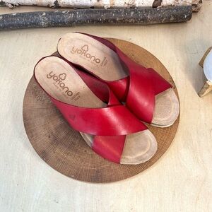 Yokono | Candela Red Cris’s Cross Wedge Cork Sandals Size 9